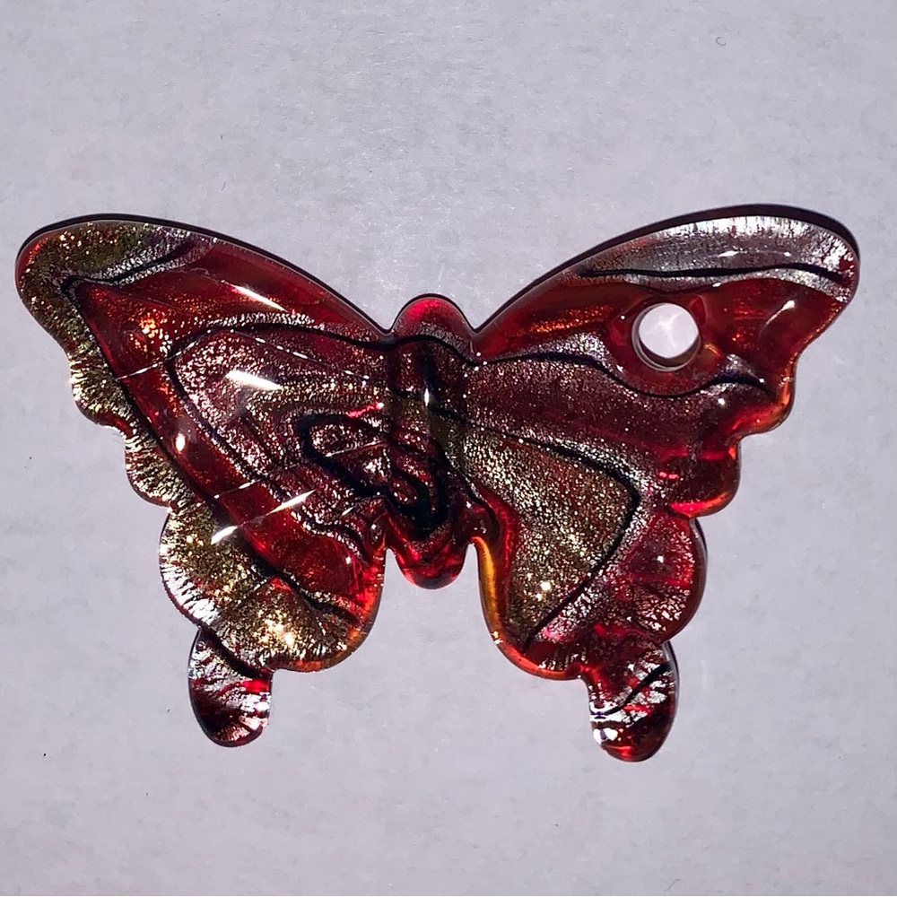 Handmade Glass Pendant Red and Gold Butterfly.